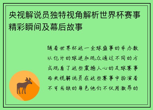 央视解说员独特视角解析世界杯赛事精彩瞬间及幕后故事
