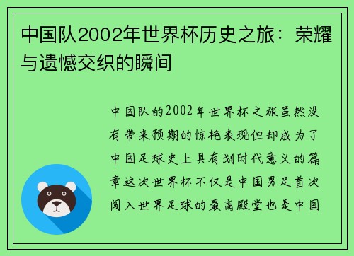 中国队2002年世界杯历史之旅：荣耀与遗憾交织的瞬间